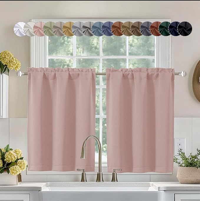 Aiyufeng Blush Short 36 Inches Blackout Curtain 2 Panels Set, Half Window Rod Pocket Privacy Curtain Tiers for Kitchen, Curtains Blackout for Bathroom Shades, W40 x L36 Inch, Blush