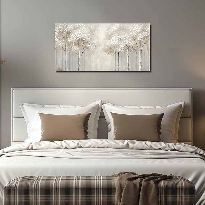 ANCXWOTER Large Forest Wall Art for Living Room White Misty Birch Tree Picture for Bedroom Office Modern Landscapes Canvas Prints Ready to Hang 20x40 Inch