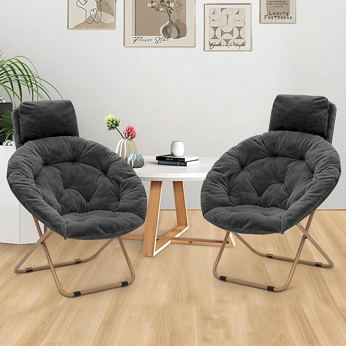 Athena Collection Comfy Saucer Chair with Headrest, Set of 2 Oversize Round Cozy Chair Folding Chair Faux Fur Metal Frame Foldable Reading Chair Accent Chair for Bedroom Living Room, Black