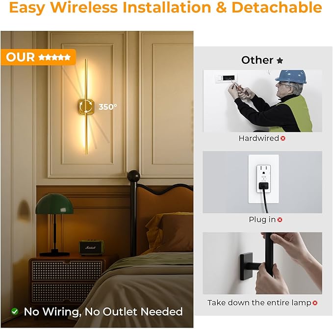 1 Pack Battery Operated Wall Sconce Detachable 360°Rotate, Wireless Wall Lamp 3000-6500K Dimmable, 10000mAh Rechargeable Wall Light for Bedroom, Living Room,28" Gold