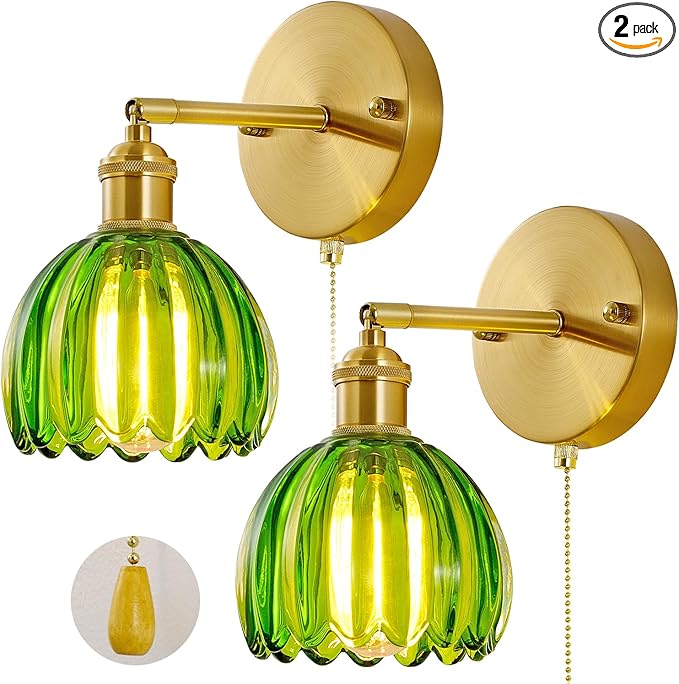 Vintage Wall Sconce 2 Pack, Green Glass Shade Gold Wall Lamp with 12 Inch Cable Switch, Modern Bathroom Wall Sconces Set of Two for Bedroom Corner Hallway