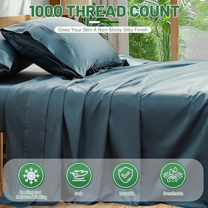 100% Egyptian Cotton Sheets Cal King Sheet Set 4PCS 1000 Thread Count Sateen Weave Soft Breathable 16-Inch Deep Pocket(California King,Lake Blue)