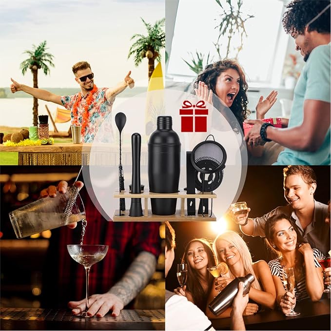 Bartender Kit 11-Piece Cocktail Shaker-Muddler for Cocktails 25oz Boston Shaker-Bar Accessories with Stylish Bamboo Stand Mix Drink Shaker kit Perfect Martini kit with Cocktail Recipes Booklet