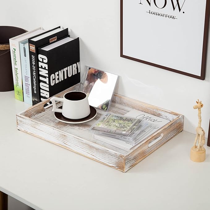 Rustic Distressed Wood Food Breakfast Serving Tray Octagon Serving Tray in Bed with Cutout Carrying Handles Coffee Office Desktop Document Holder Home Kitchen (Washed White)