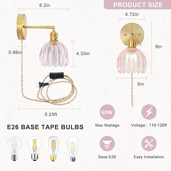 Plug in Wall Sconce, Vintage Sconce Light with Tulip Pink Glass Lampshade, 180° Adjustable Wall Sconce with Switch and Plug in Wall Lamp Cord, Gold Wall Light for Bedroom Bedside