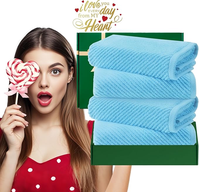 VOOVA & MOVAS Hand Towels for Bathroom Set of 4,Large 18"x 28" - 100% Cotton | Lightweight | Thick | Quick Dry | Soft | Absorbent, Bath Hand Towels, Bathroom Essentials, Blue