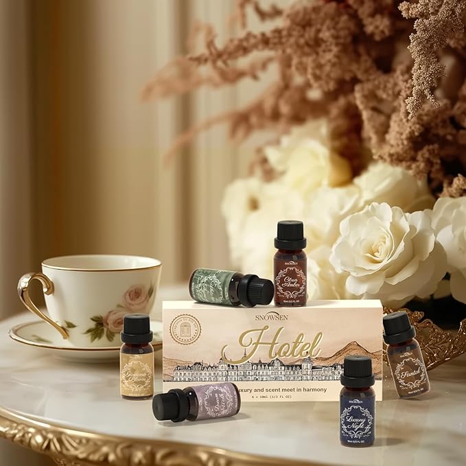 Fragrance Oils Hotel Set—Santal, Luxury Night, White Tea & Thyme, Gardenia Bloom, Dream Walk, Citrus Amber, Essential Oils for Diffuser, Candle & Soap Making, Luxury Diffuser Oils Scents