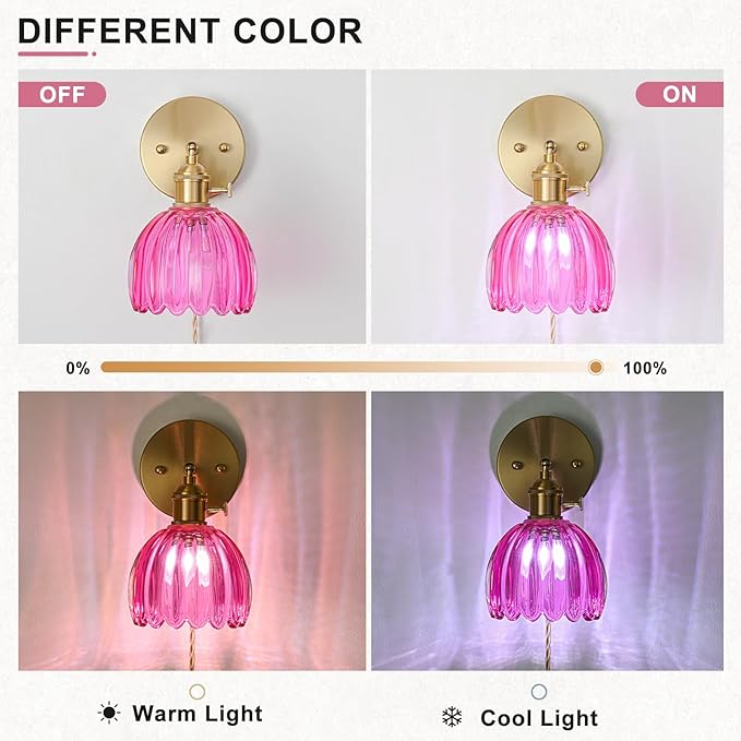 Plug in Wall Sconce, Vintage Sconce Light with Tulip Ruby Red Glass Lampshade, 180° Adjustable Wall Sconce with Switch and Plug in Wall Lamp Cord, Gold Wall Light for Bedroom Bedside