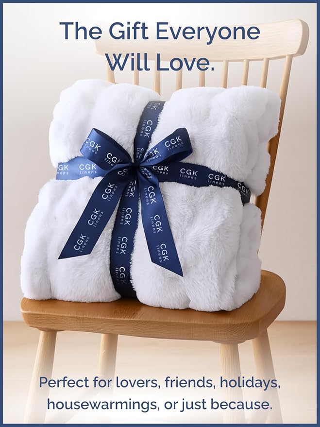 Fluffy Blanket Throw Size - Faux Fur Throw for Couch or Bed - Ultra Plush Soft Extra Thick Faux Fur Rabbit Blanket - Comfy, Fuzzy, Warm & Breathable - Luxury Minky Tie Dye Bedding - 50" x 60", White