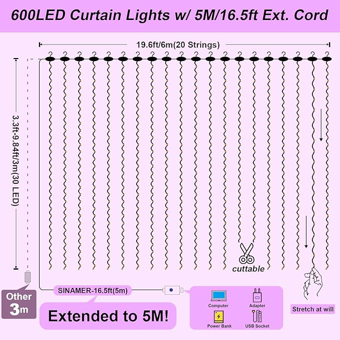 600LED Purple Curtain Lights for Bedroom, 19.6ft x 9.8ft Fairy Curtain String Light with 24 Hooks, 8 Modes Hanging Lights for Wedding, Party, Backdrop, Window, Xmas Decor