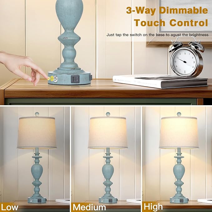 27.5" Coastal Table Lamp for Living Room Set of 2,Retro Blue Bedside Nightstand Lamps with USB C+A Ports & AC Outlet,3-Way Dimmable Touch Control Desk Lamp for Bedroom