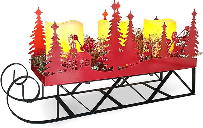 Christmas Sleigh Table Centerpieces Decorations, Xmas Red Cut-Out Tree Sleigh LED Candle Candelabrum with Timer Holiday Candle Holder for Home Party Table Mantel Decoration
