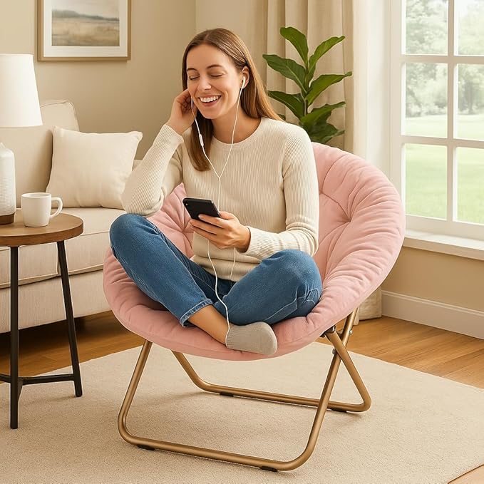 Magshion Saucer Chair for Adults, Comfy Living Room Lounge Chair for Bedroom Corner, Dorm, Apartment, Faux Fur Fluffy Circle Accent Seat with Thick Padded & Folding Metal Frame (Pink)