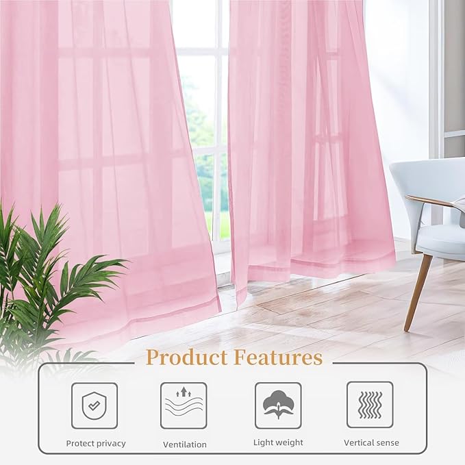 Sheer Curtains 84 Inches Long 2 Panels, Rod Pocket Short Curtain for Kitchen, Bedroom, Cafe Window(Pink 38" W x 84" L)
