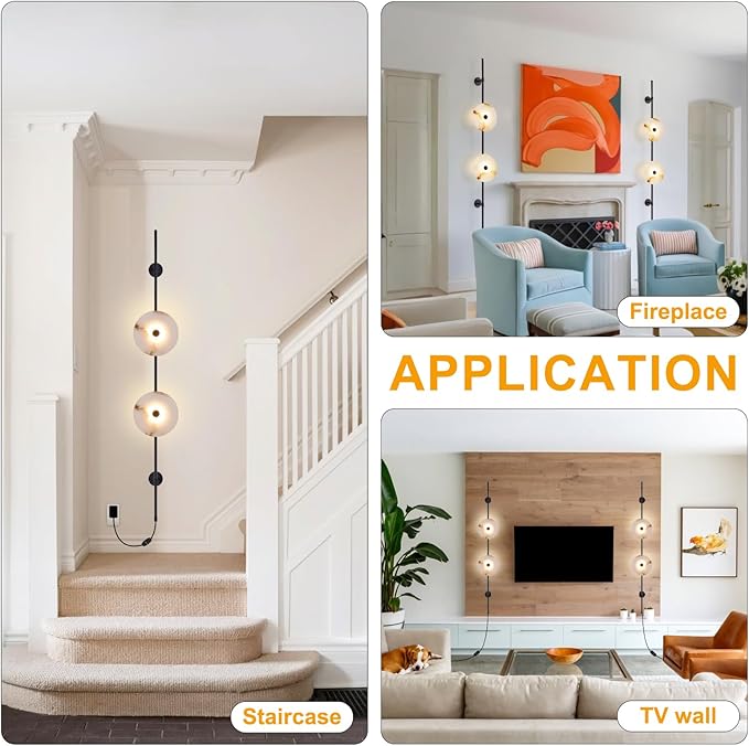 Alabaster Wall Sconce,8W Round Natural Marble Plug in Wall Sconce Lamp Cord with Knob Dimmer Switch, Indoor LED Modern Wall Lamp for Bedroom, Stairs, Living Room, Bedside, Hallway (Black)