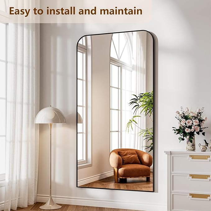 Koonmi Full Length Mirror, 78"x35" Mirror Full Length with Stand, Black Domed Top Square-Edged Floor Mirror with Aluminum Alloy Frame for Bedroom Living Room