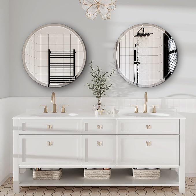24" Frameless Beveled Round Mirror with 1" Edge for Bathroom, Entryways, Vanity Wall Decor
