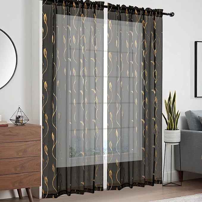 Gold Foil Print Sheer Curtains 63 inches Long, 2 Panels Wicker Bronzing Treatment Sheer Curtain, Rod Pocket Window Treatment Panels for Bedroom Living Room