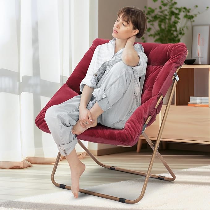 Athena Collection Saucer Chair for Adult, Square Comfy Cozy Chair Folding Chair Faux Fur Metal Frame Foldable Reading Chair Accent Chair for Bed Room Living Room, Brown