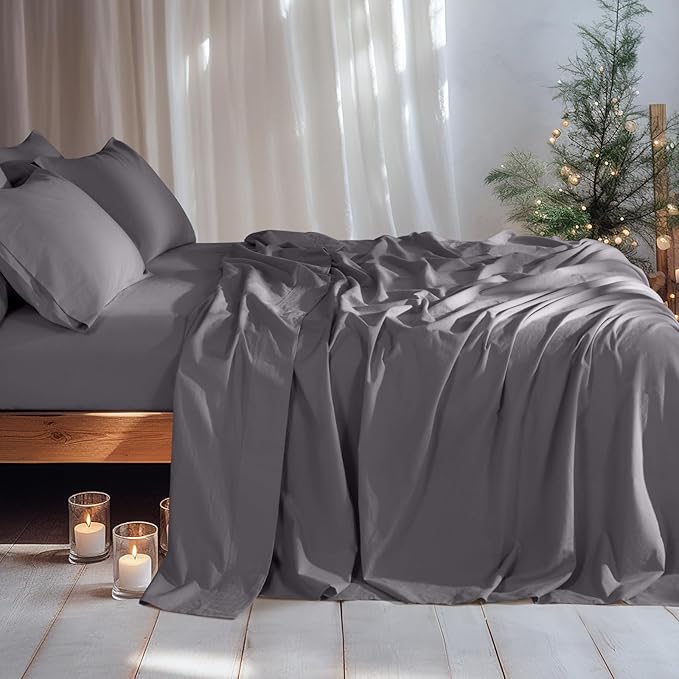 LBRO2M 100% Linen Sheet Set California King Size, Bed Sheets 6 Piece Sets,Solid Color Natural Flax Bed Sheets Soft Breathable Bedding,16" Deep Pocket,All Season (Cal King, Dark Grey)