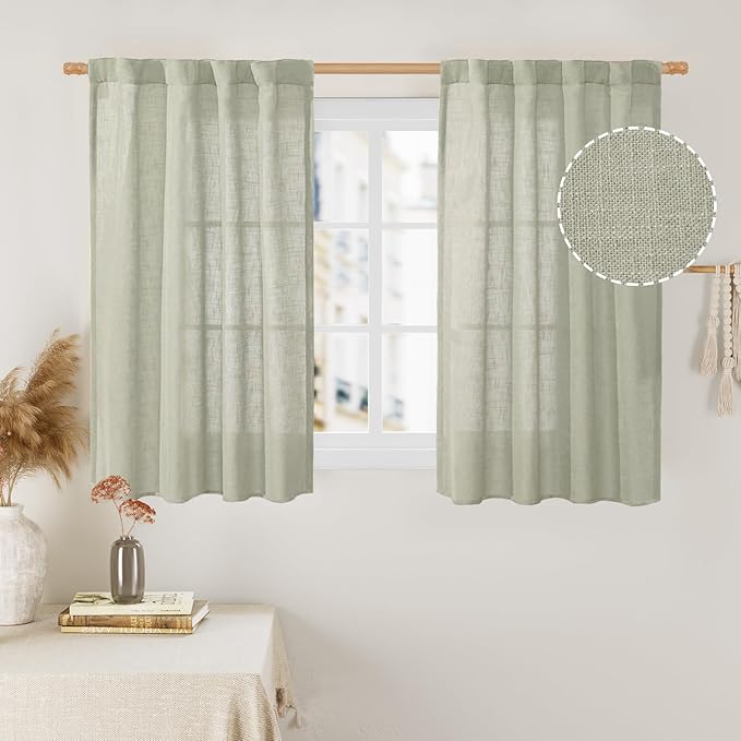 LAMIT 40 Inch Length Linen Curtains for Small Windows, Semi Sheer Light Filtering Panels Back Tab and Rod Pocket Neutral Drapes for Basement/Window/Loft Room, Sage Grey, 2 Panels, 34 x 40 Inch