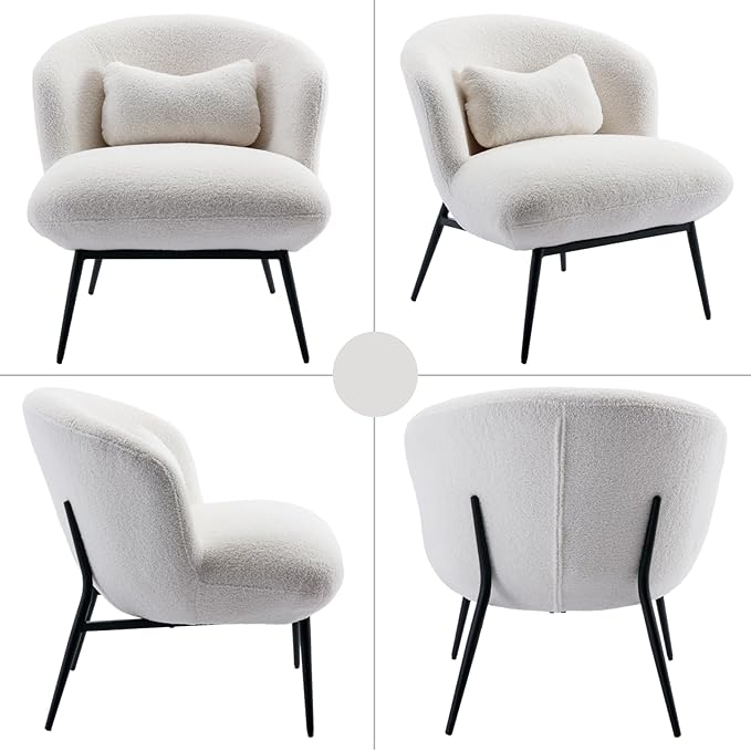 Modern Accent Chair Set of 2, Upholstered Sherpa Fabric Side Chair Guest Chair with Small Pillow Black Metal Legs, Comfy Lounge Chair for Living Room Bedroom, White