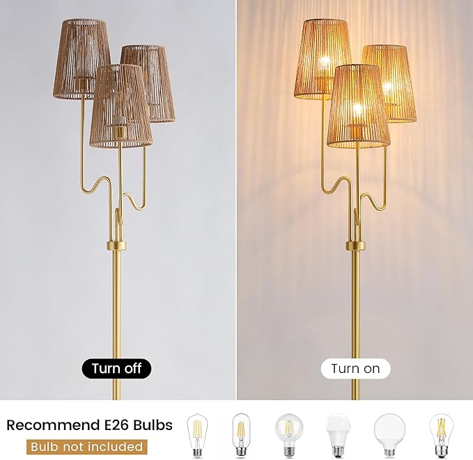 Boho Floor Lamp, 68in. Rattan floor lamp with Natural Woven Shade, Rustic Standing Lamp for Coastal, Beach or Bohemian Style Decor, E26 Socket, On/Off Footswitch Lamp for Living room, Bedroom (Gold)