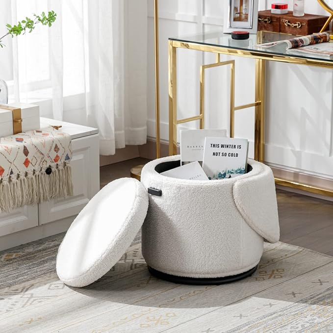 LukeAlon Sherpa Makeup Ottoman with Storage, Upholstered 360° Swivel Vanity Stool with Foldable Backrest Modern Cylindrical Footrest Stool for Living Room Bedroom, White