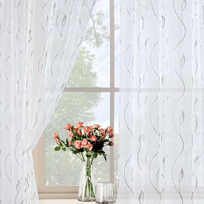 Silver Foil Print Sheer Curtains 84 inches Long, 2 Panels Ginkgo Bronzing Treatment Sheer Curtain, Rod Pocket Window Treatment Panels for Bedroom Living Room