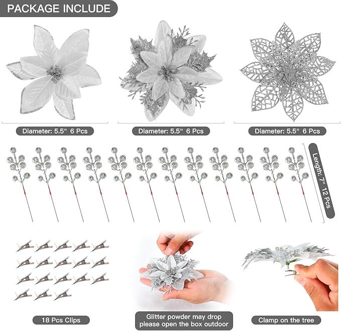 Floweroyal 30pcs Poinsettia Artificial Christmas Flowers Decorations with Clips and Berry Stems Glitter Ornaments for Christmas Tree Wreath Fireplace Stairs Decor (Silver-3 Styles)