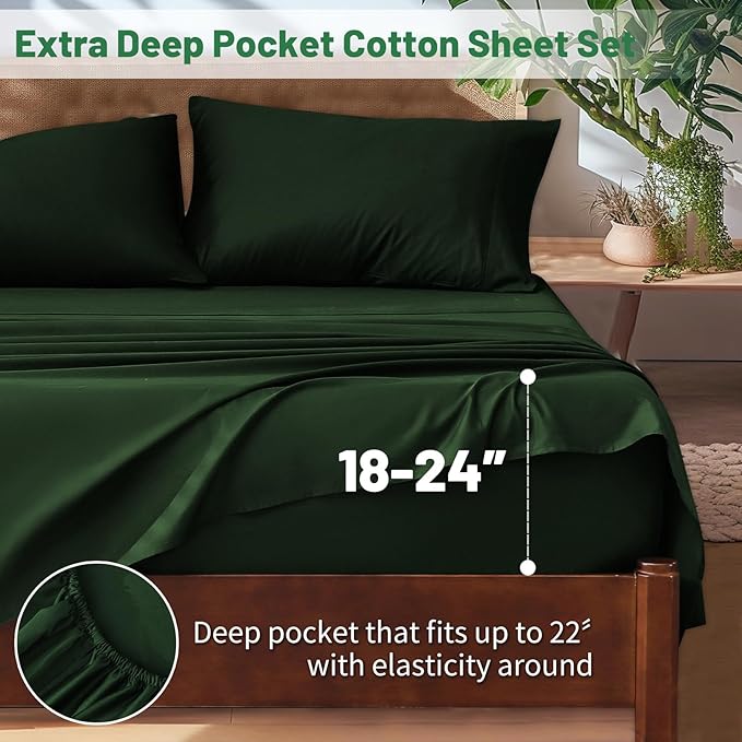 Extra Deep Pocket Queen Sheets 18-24 Inch 100% Egyptian Cotton 1000 Thread Count Sateen Weave Soft Breathable 4 Pieces(Queen,Forest Green)