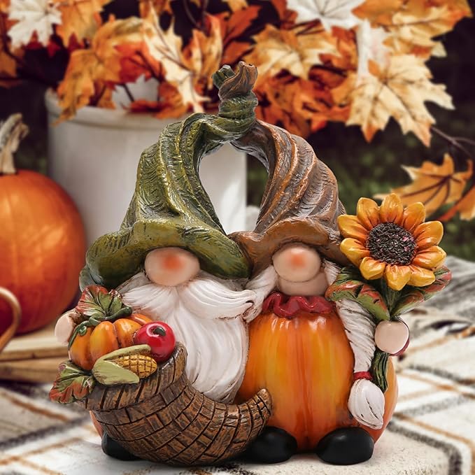 Hodao Harvest Loveļ¼Thanksgiving Pumpkin Gnome Couple Embrace Figurines-Adorable Fall Pumpkin Gnomes Home Indoor Tabletop Decoration-Fall Thanksgiving Gifts