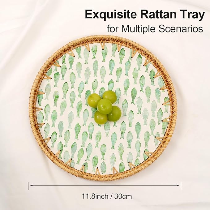 Round Rattan Tray with Mother of Pearl Inlay, Rattan Serving Tray for Coffee, Bread, Fruits, Decorative Wicker Tray for Table Decor, Home Decor, Kitchen Island Decor (Round Green Fish, 11.8")
