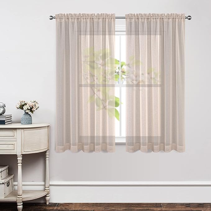 Joydeco Linen Sheer Curtains 63 Inch Length 2 Panels Set, Rod Pocket Long Sheer Curtains for Window Bedroom Living Room, Lightweight Semi Drape Panels for Yard Patio (54x63 inch, Linen)