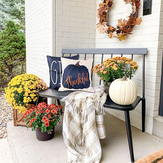Fall Pillow Covers 20 x 20 Inch Blue Pumpkins Throw Pillow Covers for Farmhouse Autumn Cushion Covers Thanksgiving Pillow Case for Indoor Home Bedroom Sofa Decor