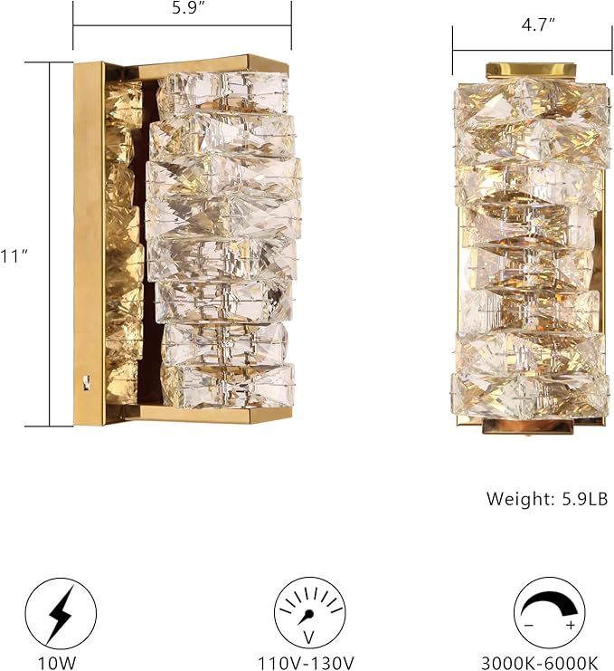 HuisMier Gold Crystal Wall Sconce, Modern Dimmable LED Sconces Wall Lighting, Luxury Vanity Light Fixture Bathroom Wall Sconces for Living Room Bedside Hallway Stairway