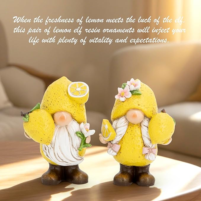 Hodao Set of 2 Lemon Gnome Figurines Sets - Lemon-Themed Gnomes Indoor Home Decor for Summer - Decorative Gnomes for Kitchen, Living Room, or Shelf - Cute Yellow Ornaments for Thanksgiving (Yellow-1)