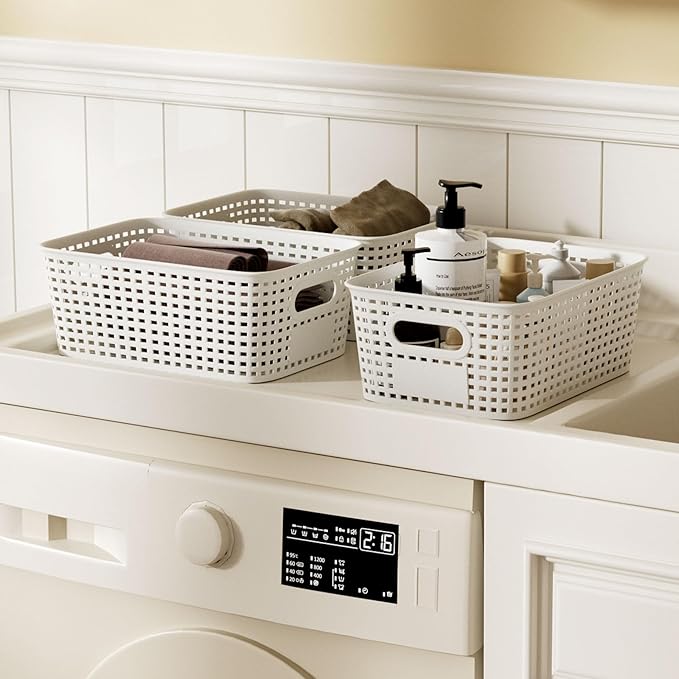 Small Plastic Storage Bins with Bamboo Lid - Plastic Storage Container with Lid - Stackable storage baskets for organizing: Storage box for Drawers Office Closet Shelf Organizing,10x7x4 In-White-6 Pcs