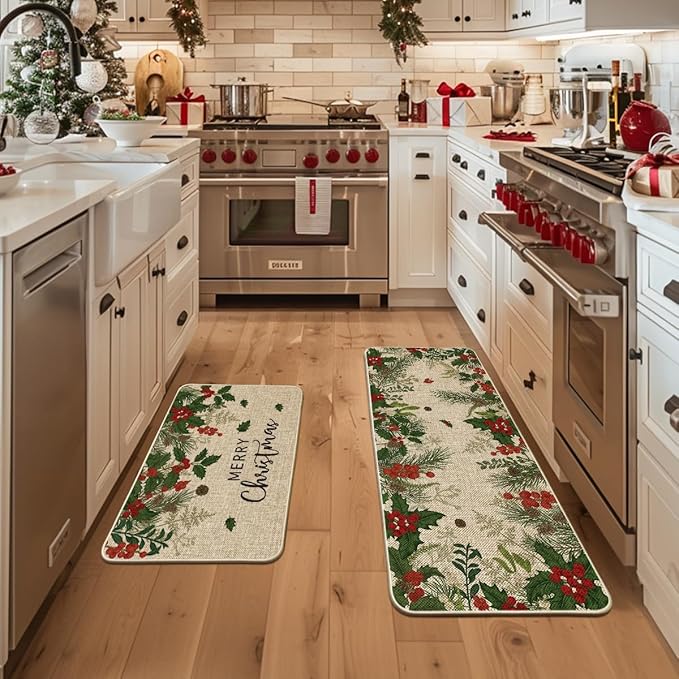 Artoid Mode Leaves Holly Merry Christmas Kitchen Mats Set of 2, Winter Home Decor Low-Profile Kitchen Rugs for Floor - 24x35 and 24x59 Inch