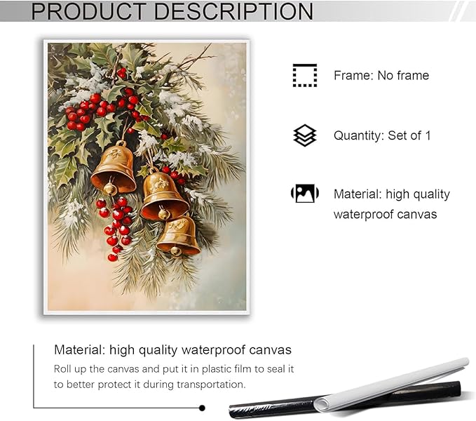 Winter Jingle Bells Christmas Wall Art Christmas Canvas Prints Posters Holiday Decor Brass Bells Art Holly Neutral Art Winter Country Room Living Room Decor 16x24"Unframed