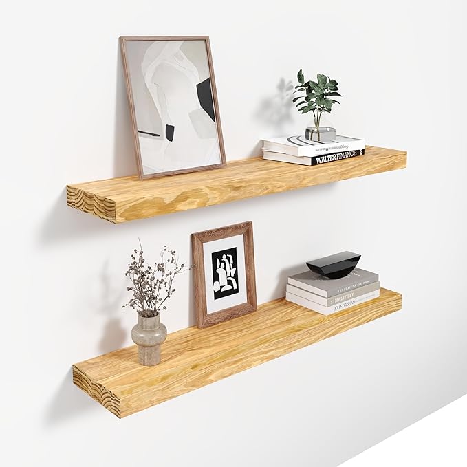 24'' Pine Wood Floating Shelves for Wall- Set of 2 - Rustic Wall Mounted Wooden Shelf for Stylish Home Dรฉcor - Natural Color - 24x6.5x1.25 Inches, 2pcs