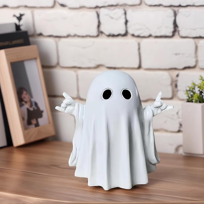 Halloween Funny Ghost Figurine with Rock Hand– Glossy Resin Halloween Ghost Decor, Spooky Home Decorations for Music Lovers, Gothic Desk Ornament, Novelty Rock and Roll Gift