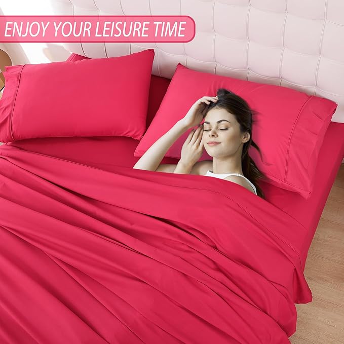Whitney Home Textile King Size Sheets Set, Soft Microfiber Hotel Bed Sheets King Size, Extra Deep Pocket, Luxury Breathable Bedding Sheet & Pillowcase Sets, 4 Piece Wrinkle Free Oeko-Tex, Magenta