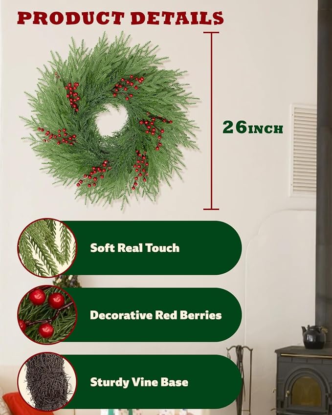 Artificial Christmas Wreaths for Front Door,26" Large Winter Wreaths for Indoor and Outdoor Christmas Decorations,Norfolk Pine Door Wreath with Red Berries for Wall Window Porch Farmhouse Stair