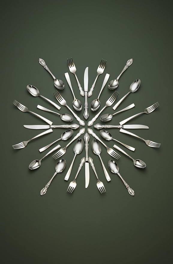 Oneida Silverware Set For 8 with Serving Utensils, Louisiana 45-Piece Fine Flatware Set, Service For 8, 18/8 Stainless Steel, Mirror, Knives Spoons Forks Serving Spoons,Dishwasher Safe(Silver 45 Piece