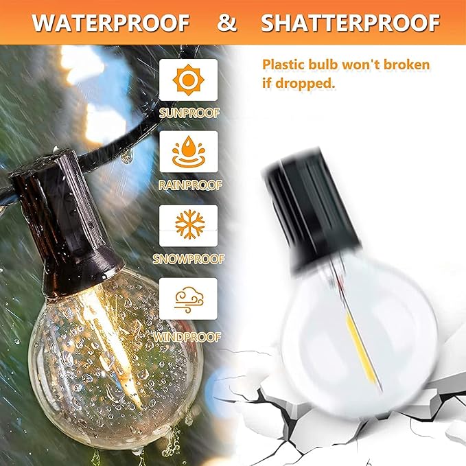 100FT Outdoor Patio Black String Lights with 52 Shatterproof G40 LED Clear Globe Bulbs for Indoor/Outdoor, 2-Pack 50FT Connectable Hanging Lights for Backyard Balcony Party Decor