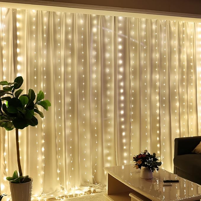HXWEIYE 300LED Fairy Curtain Lights, 9.8x9.8Ft Tangle-Free USB Plug in 8 Modes Timer Christmas String Hanging Lights with Remote for Bedroom Backdrop Wedding Party Home Wall Garden, Warm White