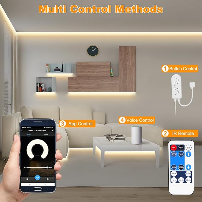 Smart White COB Led Strip Light with App and Remote, 16.4ft 4000K WiFi Bright COB Light Strip Compatible with Alexa Google, Dimmable Indoor COB Led Lights for Mirror, Room, Cabinet, Kitchen