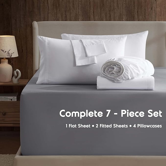 Nestl Extra Deep Split King Sheet Set - 7 Piece Breathable & Cooling Sheets - Hotel Luxury Bedding Set w/18-24 Inch Deep Pockets - Easy & Secure Fit - Super Soft, Wrinkle Free & Comfy - White