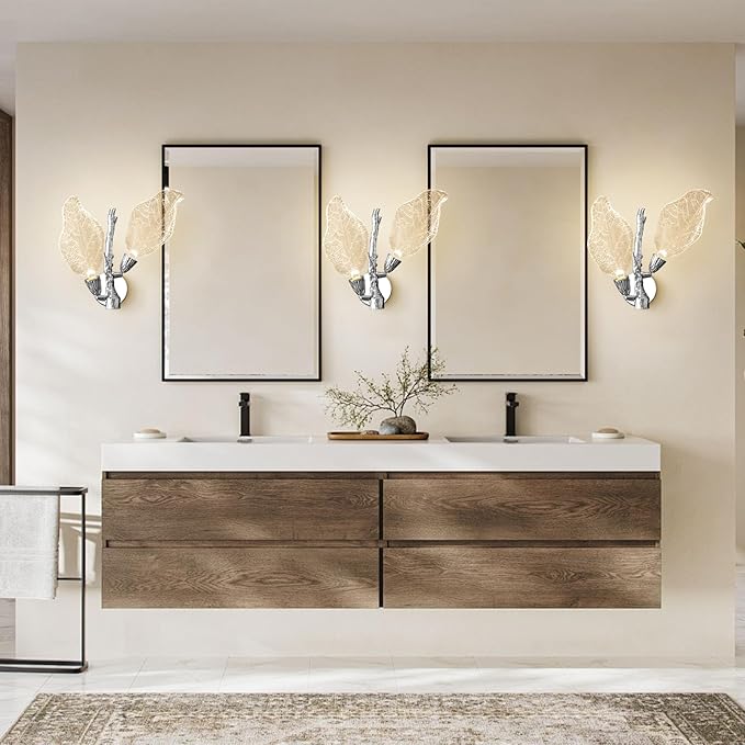 Wall Sconces, Silver Bathroom Sconces Wall Lighting with Clear Acrylic Leaf, Modern Sconces Wall Decor Wall Light fixtures for Bathroom Mirror Living Room Hallway Bedroom Stairs (1pcs,Silver)